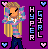 Pixel art of a blonde girl with closed eyes, wearing striped shirt and dark pants, standing against purple background with heart symbols.