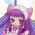 Pixelated anime-style character with purple hair and pink cat ears, wearing a white top with red accents.