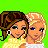 Pixel art contact sheet showing multiple frames of an animated buddy icon featuring two cartoon women in friendship-themed poses with text overlays on a bright green background.