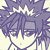 Pixelated anime-style character with spiky purple hair, closed eyes, and a neutral expression against a light background.