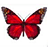 A red butterfly with brown and black wing patterns is centered on a white background, surrounded by pink pixelated text.