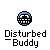Pixelated circular icon with blue top section, black and white grid pattern, and blue horizontal stripe; below it, pixelated text reads "Disturbed - Buddy" on gray background.