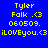 Blue background with yellow pixelated text arranged in three of three identical blocks, each containing 'Tyler Falk .<3 060509. iLOVEyou.<3' on a solid blue backdrop