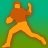 Pixelated figure in orange shirt and pants running against gradient green-to-teal background with arms raised.