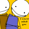 A cartoon character with a white head and blue shirt appears in multiple repeated , each showing different text overlays including "I could make you" and "Happy." The background is yellow