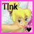 Pixelated cartoon character with blonde hair and blue eyes, wearing green top, holding black heart symbol against pink border background.
