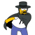 Pixelated character with black hat, yellow face, black mustache, dark gray coat, blue pants, and yellow armband, standing against white background.