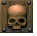 Pixelated skull icon with metallic background and bolts, showing four sequential views of the skull's orientation.