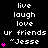 Pixelated text and pink heart symbols on a black background, with repeated phrases and names in white.