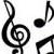 Black musical symbols on white background: a treble clef, eighth note, and partial quarter note with visible pixelation.