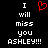 Black background with white pixelated text reading "I will miss you ASHLEY!!!" and a red heart symbol above the word "will".