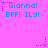 Pixelated text and star graphics on a solid pink background with blue and purple elements.