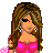 Pixel art contact sheet showing three frames of an animated buddy icon with a female character, pink text, and floral accents on white background.
