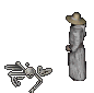A static pixel art character with a wide-brimmed hat and long coat stands against a gray background, holding various items including weapons and glowing objects.