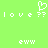 Pixelated green background with white text and symbols: 'love ??' repeated twice, a heart symbol above the first 'love', and 'eww' below each 'love'.