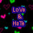 Pixelated icon with three text blocks: purple 'Love & Hate', blue 'Peace & War', red 'You & Me' over black background with colorful hearts.