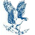 Pixelated blue and white bird icon with outstretched wings on a transparent background.
