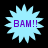 Four identical light blue starburst shapes with purple text "BAM!!" on a black background, arranged in a