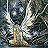 Pixelated static image of a fairy-like figure with glowing wings and golden boots against a dark, abstract background.