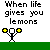 Pixel art animation showing a stick figure squeezing lemons into a juicer, with text changing from 'When life gives you lemons' to 'Make orange juice' and ending with 'how you did it!'