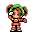 Pixelated character with green headband and orange outfit performs sequential hand movements against gray background.