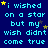Blue background with cyan text repeating "i wished on a star but my wish didnt come true" and scattered yellow/grey stars.