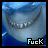 A contact sheet of seven animated frames showing a cartoonish shark mouth with sharp teeth and the word "Fuck" in pixelated text below, arranged in a 3x3 grid with one empty cell.