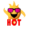 Yellow sun-shaped character with pink sunglasses and black mouth, smiling above red 'HOT' text on gray background.