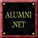 Two side-by-side animated frames of a buddy icon with red borders, black backgrounds, and gold text/accents showing "ALUMNI.NET" on the left frame and "Bringing School Friends Together" on the right frame.
