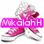 Pink high-top sneakers with white laces and soles, white fuzzy trim on the ankle, and a red bow on the tongue, overlaid with a colored text banner reading 'Mikalah H'.
