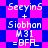 Pixelated text and geometric shapes in blue and pink with repeated phrases 'SeeyinS + Siobhan M31 =BFAL' on a checkered background.