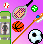 Pixelated sports-themed buddy icon with multiple sports equipment icons and text fragments arranged in a contact sheet layout on purple gradient background.