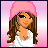Pixelated image of a female character with brown hair, pink beanie, white top, and blue jeans against pink gradient background.