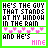 Pixelated text reads "HE'S THE GUY THAT STANDS AT MY WINDOW IN THE RAIN AND HE'S MINE" with pink hearts and green borders.