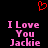 Red pixelated heart symbol above pink text reading 'I Love You Jackie' on black background.