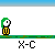 Pixelated cartoon figures in yellow pants and white heads move across a gray background with green grass strip, each labeled 'X-C' below.
