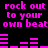 Pixelated text and audio visualizer bars in bright pink on black background, repeating 'rock out to your own beat' with animated bar movements.