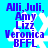 Pixelated blue text lists names and 'BFFL' over a white snowflake on cyan background, with visible pixelation in all elements.