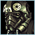 Pixelated static image of a character in dark armor with large circular shoulder pads, holding a weapon against black background.