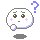 Pixelated white character with brown eyes, pink blush marks, and a small mouth; blue question mark above head; gray shadow below.