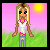 Animated contact sheet of a pixel-art character with blonde hair wearing a white shirt and blue jeans, standing in front of pink sky and green grass background with yellow sun, displaying sequential letters across frames.