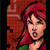 Pixelated image of a character with red hair and green clothing against a red patterned background.