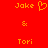 Red background with orange pixelated text and symbols arranged in a : 'Jake' at top left, 'Tori' at bottom left, '&' in center-left, 'Jake' at top right, 'Tori' at bottom right, and a heart symbol between the two 'Jake' texts