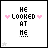A 3x2 contact sheet of six animated frames showing pixelated text "HE LOOKED AT HE" with varying heart and star symbols, displayed on a white background with black borders.