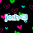 Pixelated icon with 'josh' text on white banner, surrounded by pink, purple, cyan, and green hearts on black background.
