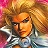Pixelated close-up of a character with long blonde hair and a white and blue outfit against a pink and orange background.