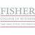 Pixelated text 'FISHER' in light gray above three horizontal pink lines on a white background.