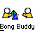 Pixel art of two yellow-shirted figures with white circular heads flanking a blue and green object on gray background, labeled 'Bong Buddy' below.
