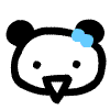 A cartoon panda head with black ears, white face, and blue bow, showing sequential animation frames of eye closure and green particle effects.