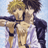 Two pixelated anime-style characters in a close embrace pose against a light blue background, with one character holding an object resembling a gun or staff.